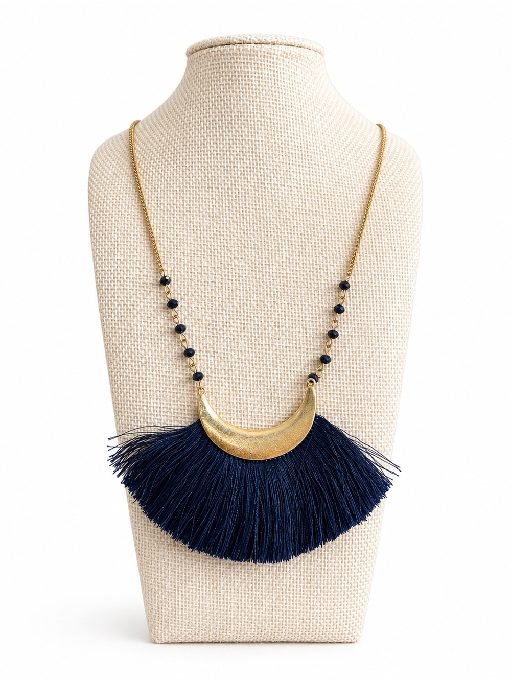 Clover Navy Blue Fringe Tassel Necklace Gold Tone Crescent Boho Statement